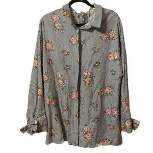 UMGEE PINK PINSTRIPED FLORAL EMBROIDERED BUTTON DOWN TUNIC SHIRT WOMENS SMALL